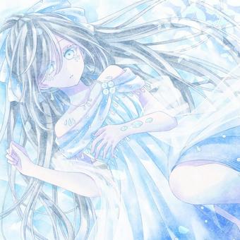 女の子 人物,女の子,キャラクター,水彩,青,水色,一枚絵,かわいい,透明感,爽やかのイラスト素材