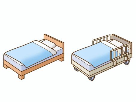 ベッド／介護ベッド：マット、枕、布団あり ベッド,リクライニングベッド,介護ベッド,寝具,家具,木材,木製,金属,柵,キャスターのイラスト素材