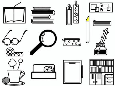 HOBBYITEM“読書のおともたち” 読書,趣味,本棚,眼鏡,マーカーペン,虫眼鏡,珈琲,お菓子,栞,ブックカバーのイラスト素材