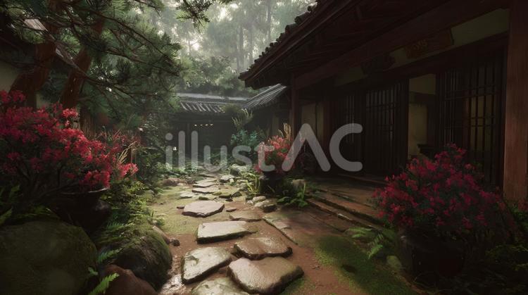 花が咲いている和風建築の庭 和風建築,庭,飛び石のイラスト素材