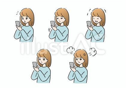 スマホを見ている喜怒哀楽女性セット