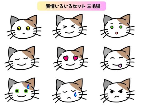 かわいい猫の顔表情いろいろセット＿三毛 猫,顔,表情,クエッション,？,わからない,理解不能,はてな,笑顔,驚くのイラスト素材