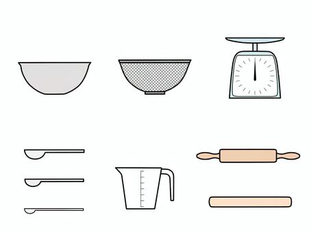 台所用品セット ボウル,ざる,はかり,アナログ,計量スプーン,大さじ,小さじ,茶さじ,計量カップ,麺棒のイラスト素材