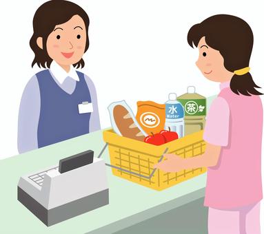 要介護・要支援 介護サービス お買い物 要介護・要支援 介護サービス お買い物 買い物,カゴ,レジ,スーパーマーケット,コンビニ,会計,食料品,りんご,パン,水のイラスト素材