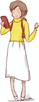 スマホを見る人 スマホ,女性,立位,水彩,線画,スカート,リュックのイラスト素材