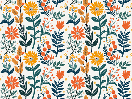 秋色花柄のシームレスパターン画 花,植物,葉,背景,壁紙,かわいい,柄,手書き,パターン画,フラワーのイラスト素材