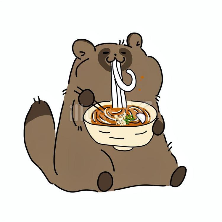 うどんを食べる狸 たぬき,動物,手書きのイラスト素材