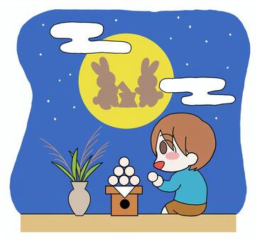 月見団子と子供の満月夜 月見,満月,団子,うさぎ,子供,秋,星,夜空,お月見,イラストのイラスト素材