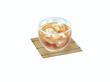 すだれコースターに乗せた冷たい麦茶 麦茶,夏,お茶,冷たい,飲み物,氷,コップ,ガラス,コースター,すだれコースターのイラスト素材