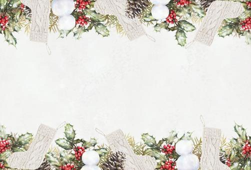オーナメントで飾ったクリスマスフレーム クリスマス,12月,冬,植物,もみ,ヒイラギ,もみぼっくり,オーナメント,雪だるま,靴下のイラスト素材