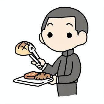 メロンパンを取る学生少年 学生,メロンパン,トング,取る,おやつ,パン,パン屋,トレー,乗せる,選ぶのイラスト素材