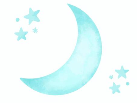 【水彩風手描き】青い三日月と星 【水彩風手描き】青い三日月と星 三日月,月,クレセントムーン,星,スター,青,水彩風,手描き,シンプルのイラスト素材
