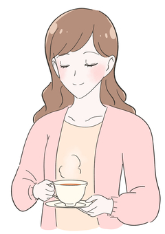 紅茶を飲む女性のイラスト 紅茶,お茶,飲む,女性,ホットティー,リラックス,休憩,冬,長袖,上半身のイラスト素材