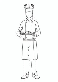 料理を持ったシェフのベクター線画イラスト シェフ,コック,人物,仕事,料理,料理人,料理長,調理,クッキング,グルメのイラスト素材