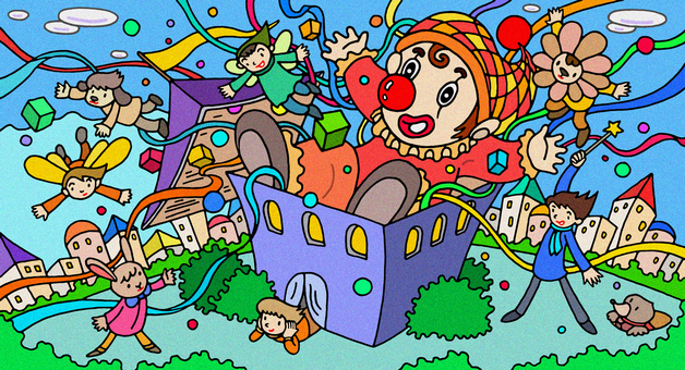 ピエロが飛び出すビックリ箱 ピエロ,ビックリ箱,子供,動物,家,家屋,草,街,建物,青空のイラスト素材