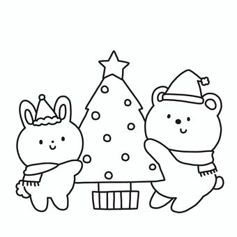 クリスマスツリーとうさくま クリスマス,ツリー,うさぎ,くま,動物,サンタ,帽子,マフラー,冬,モノトーンのイラスト素材