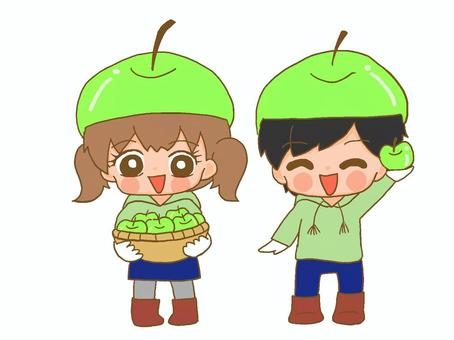 Harvested green apples 3, hand drawn, boy, girl, JPG and PNG