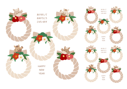 A4:午年お馬さんとしめ縄のセット01 午年,しめ縄,お正月,お正月素材,年賀状,午,馬,かわいい,2026年,松竹梅のイラスト素材