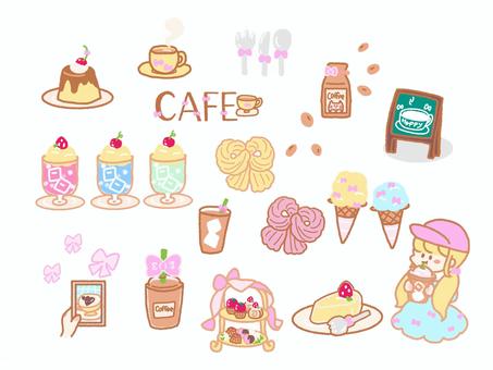 かわいいカフェ かわいいカフェ カフェ,コーヒー,女の子,アイス,クッキー,スウィーツ,プリン,かわいい,ポップ,手描きのイラスト素材