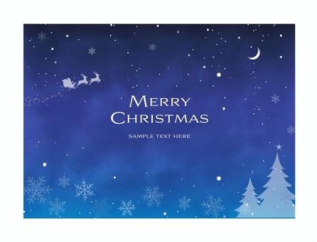 クリスマスの夜_フレーム_横長_2 クリスマス,フレーム,枠,サンタクロース,水彩,そり,モミの木,寒い,シンプル,かわいいのイラスト素材