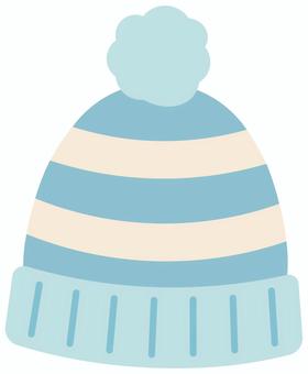 ぼんぼん付きニット帽　青