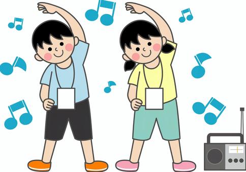 ラジオ体操をする男の子と女の子 男の子,女の子,並ぶ,首,カード,正面,全身,体側,伸ばす,曲げるのイラスト素材