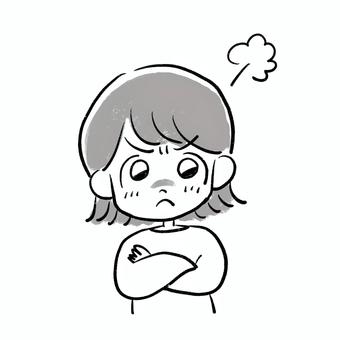 ゆるイラスト　怒っている女性 手描き,ゆるい,モノクロ,怒る,怒り,イライラ,プンプン,憤慨,腕組み,上半身のイラスト素材