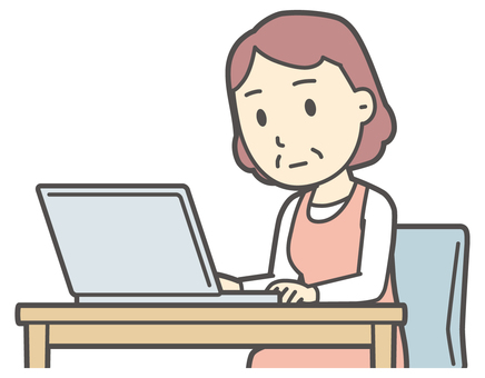  ノートパソコンを見つめているおばさん パソコン,女性,人,主婦,中年,シニア,エプロン,ママ,お母さん,おかんのイラスト素材