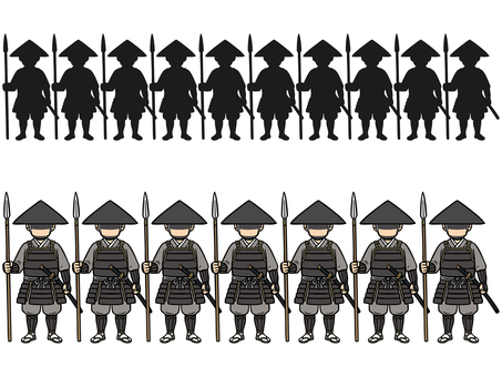 整列する槍組足軽-2 足軽,槍,整列,陣笠,胴鎧,兵士,武士,武将,組,合戦のイラスト素材