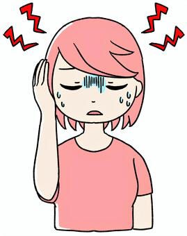 桃色の女の子が頭痛で頭を抱える ピンク,かわいい,手描き,ピンク髪,女の子,頭痛,体調不良,具合が悪い,片頭痛,偏頭痛のイラスト素材