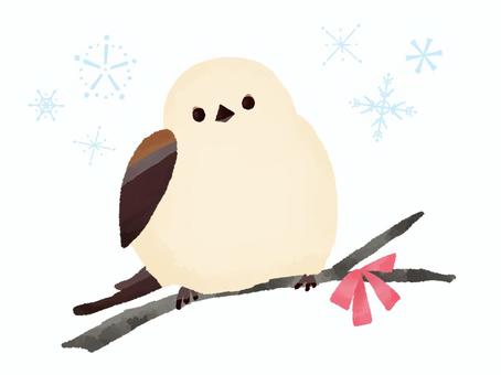 【水彩風手描き】シマエナガと雪の結晶 シマエナガ,鳥,野鳥,動物,生き物,雪の妖精,雪の結晶,雪,冬,水彩風のイラスト素材