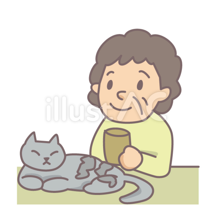 おばさんとネコ おばさん,お茶,くつろぐのイラスト素材