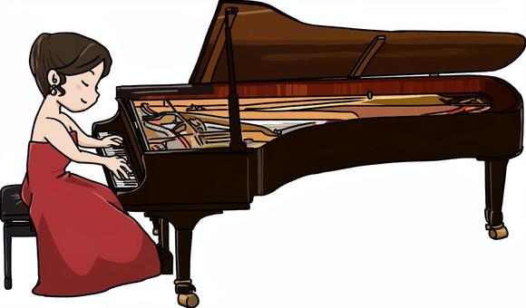 ピアニストの女性のイラスト ピアニスト,グランドピアノ,ピアノリサイタル,女性,演奏,オーケストラ,クラシック,コンサート,コンクール,奏者のイラスト素材