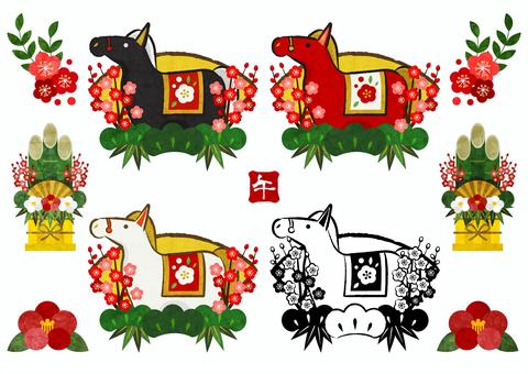 插图, 午年, 贺年片, 日本风格, 