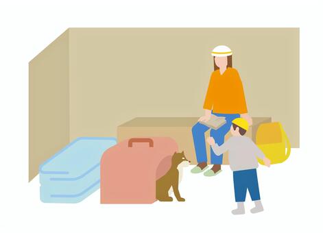 避難所でペットと同伴避難をしている親子 避難所,避難,ペット,災害,防災,犬,家族,親子,仕切り,プライバシーのイラスト素材