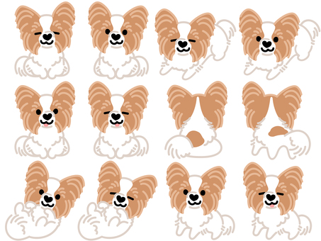 ハート鼻のパピヨン（セット）1 パピヨン,犬,動物,ハート,鼻,おすわり,ふせ,立つ,ゴロン,寝転がるのイラスト素材