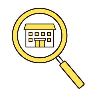アパートと虫眼鏡（黄色） 不動産,虫眼鏡,アパート,マンション,家,ビジネス,アイコン,検査,調査,査定のイラスト素材