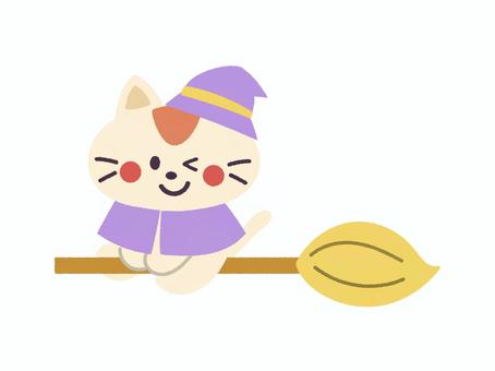 カラフルなハロウィン仮装のネコさん ハロウィン,ネコ,魔法使い,ほうき,飛行,魔法,秋,イベント,行事,10月のイラスト素材