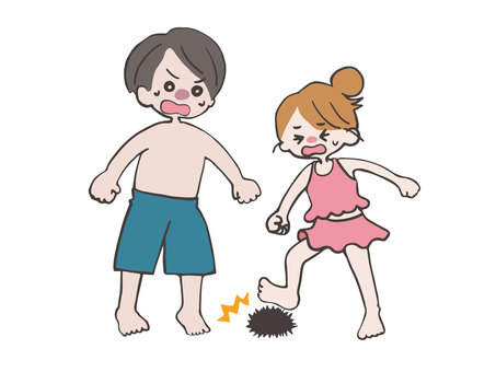 ウニを踏んでしまった女性とその彼氏 女性,20代,30代,シンプル,手描き,日常,優しい,フレンドリー,コミュニケーション,アイコン風のイラスト素材