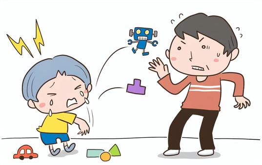 父親に当たり散らす男の子 男の子,泣く,怒る,ごねる,男性,父,パパ,困る,怯える,おもちゃのイラスト素材