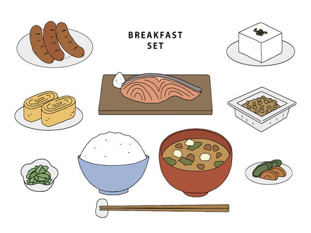 日本の朝食　イラストセット 朝食,朝ごはん,ウィンナー,冷奴,豆腐,卵焼き,鮭,大根おろし,納豆,副菜のイラスト素材