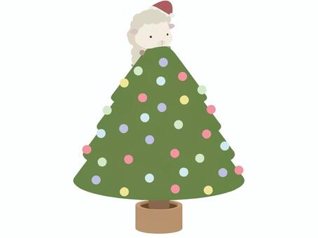 クリスマスツリーと白い羊 クリスマスツリー,羊,動物,かわいい,クリスマス,冬のイラスト素材