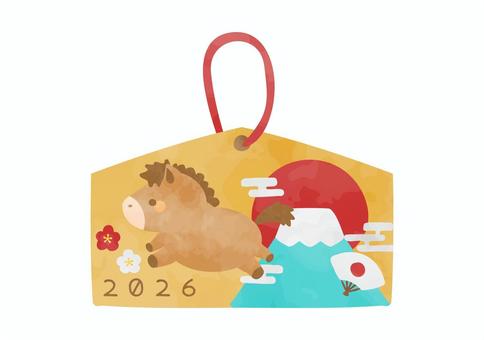 お馬さんと富士山が描かれた絵馬のイラスト 2026年,馬,動物,干支,絵馬,富士山,太陽,扇子,元旦,元日のイラスト素材