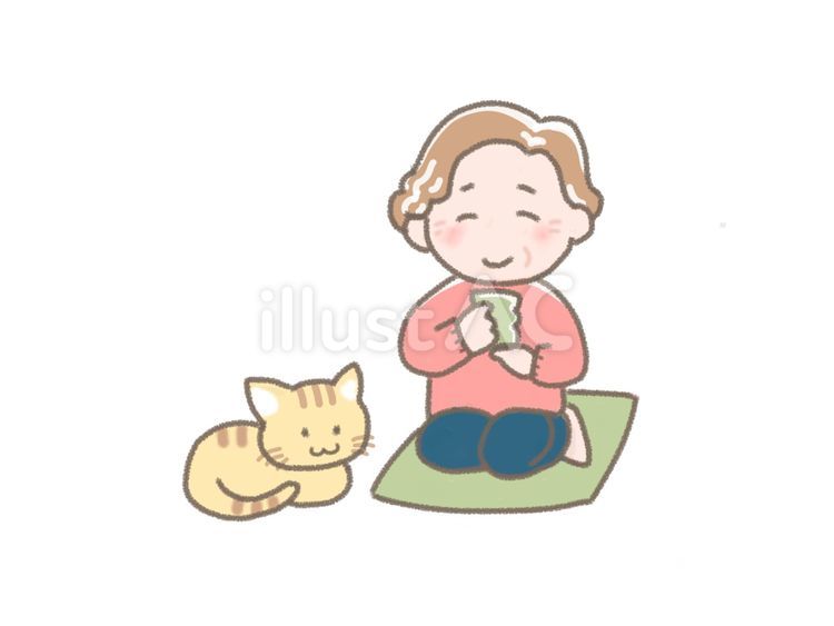 お茶を飲むおばあさんと猫 人物,ピンク,かわいいのイラスト素材