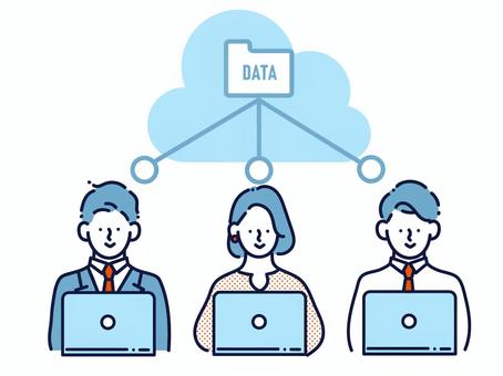 クラウドサービスでデータ共有する会社員 クラウド,データ,情報,ファイル,共有,サービス,ストレージ,コンピューティング,dx,デジタルのイラスト素材