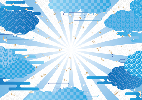 青色の和柄の雲と集中線の背景素材 和風,和柄,集中線,紙吹雪,雲,背景のイラスト素材