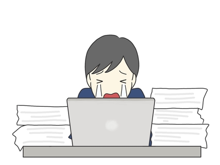 泣きながら仕事する人 仕事,会社員,サラリーマン,残業,山積み,山積,書類,パソコン,pc,涙のイラスト素材