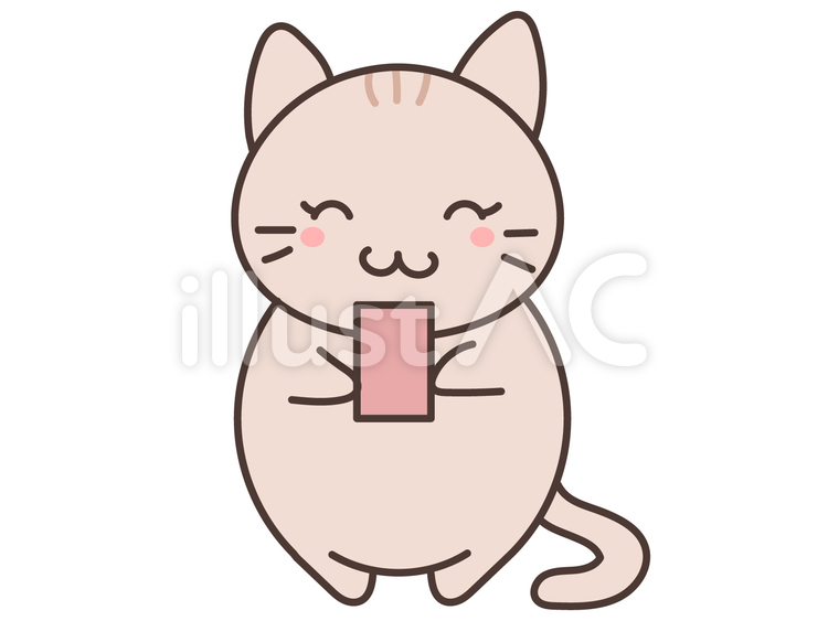 笑顔でスマホを見る猫　動物　ゆるかわ 猫,スマホ,動物のイラスト素材