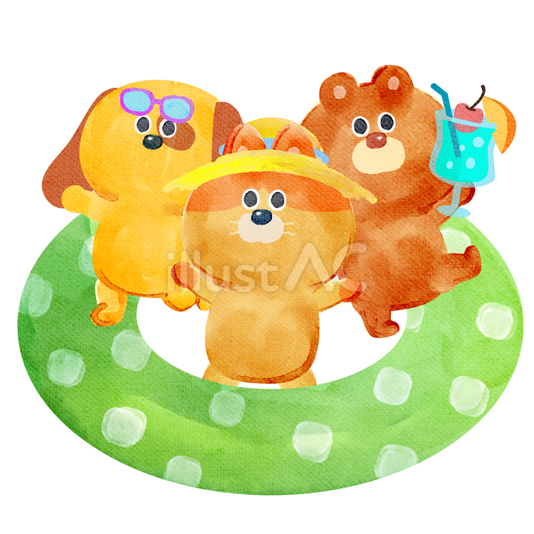 水彩画_浮き輪と動物たち_03 熊,猫,犬のイラスト素材