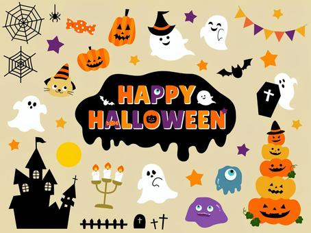 ハロウィンイラストセット ハロウィン,イラスト,セット,ベクター,かわいい,ポップ,おばけ,かぼちゃ,モンスター,ロゴのイラスト素材